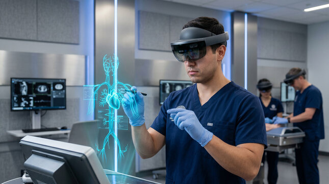 Focused male medical professional wearing an AR headset interacts with a holographic visualization of human anatomy and heart in a high-tech training lab