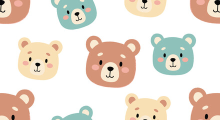 Fototapeta premium Colorful cartoon bear faces pattern.