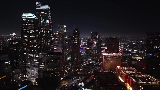 Aerial view of Downtown Los Angeles Skyline at Night Aerial View, August 25, 2025