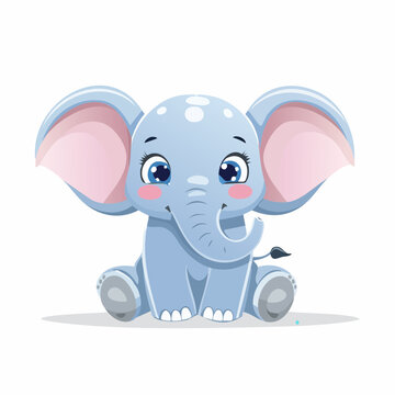 A cute cartoon elephant with large ears and a smiling face is sitting on the ground.