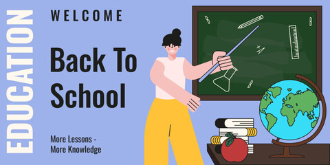 Education. Welcome Back to School horizontal banner. Flat vector teacher in classroom with blackboard globe book apple. Teacher Day concept. EPS 10 © Svetlana