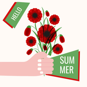 Summer concept. Vector illustration of Summer red poppy flowers bouquet in flat hand isolated light beige background. Perfect for Hello Summer Poster card cover. EPS 10