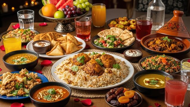 colorful mediterranean feast with grilled meats and fresh salads on wooden table