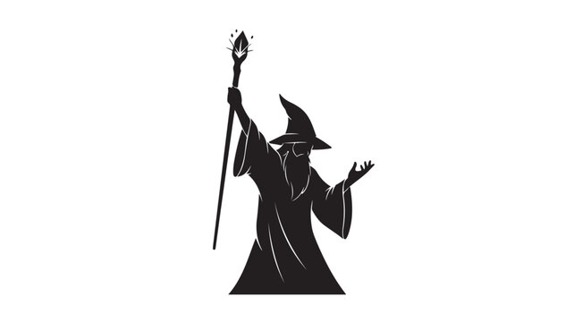 Mystical wizard silhouette with magic staff and pointed hat, fantasy sorcerer casting spells, black warlock vector icon for gaming and storytelling