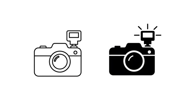Black and white line of vintage cameras with flash units