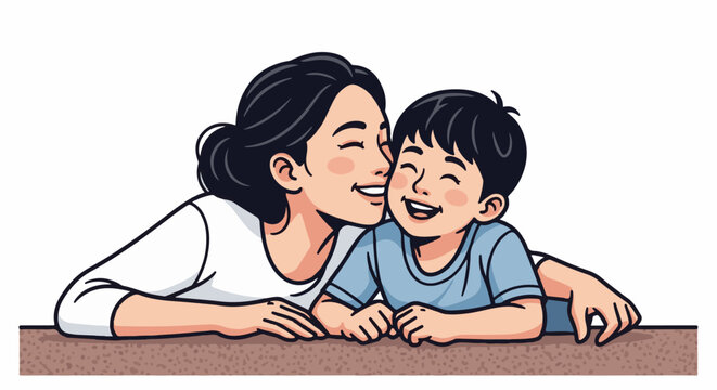 A mother gently whispers a secret to her smiling son