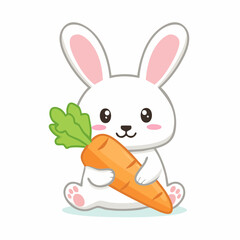 Obraz premium A cute cartoon rabbit happily holding a large carrot indoors.