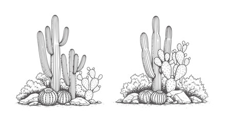 Two desert scenes with saguaro and prickly pear cacti and rocks cactus © Mahin