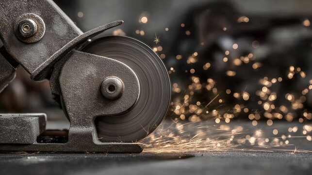 abrasive. Close-up of a grinding wheel sharpening an old knife with flying sparks in an industrial workshop. safety posters.