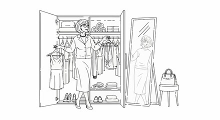 Obraz premium Woman choosing outfit in front of open wardrobe and mirror