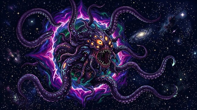 Multi eyed purple cosmic monster with many tentacles and sharp jagged teeth
