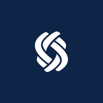 Abstract Interlocking White Knot Symbol on Dark Blue Background.