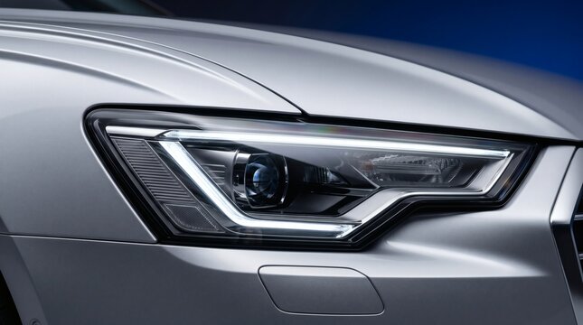 Close-up of a Modern Silver Car Headlight with LED Lights.