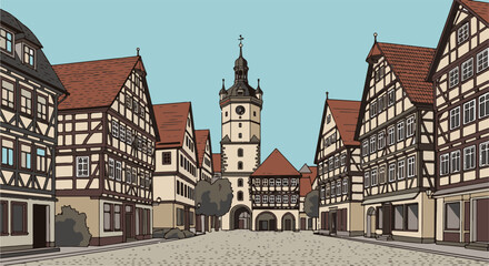 Fototapeta premium A picturesque town square with historic half-timbered buildings and a central clock tower