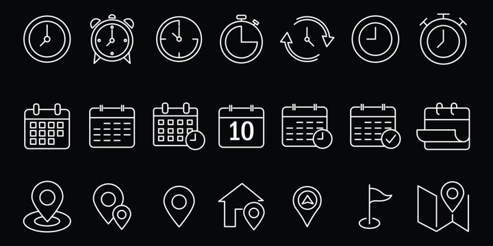Time, date and location editable stroke outline icons set. Address line icons and navigation outline icons set. Address icon set, date calendar clock time location symbol, vector illustration .