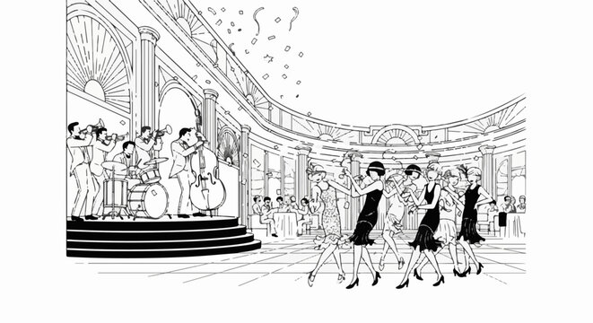 A lively jazz band plays as flappers dance the Charleston amidst confetti
