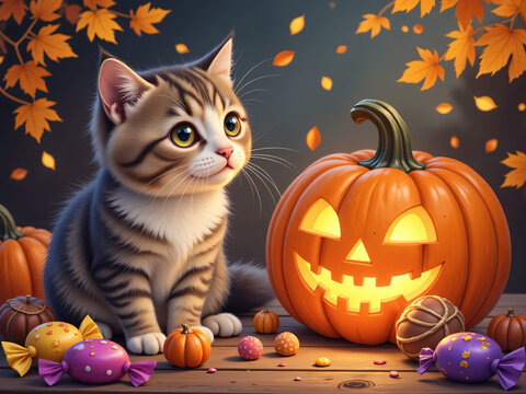 halloween cat with pumpkin