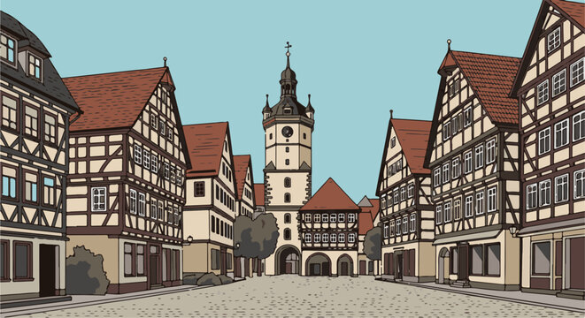A picturesque town square with historic half-timbered buildings and a central clock tower
