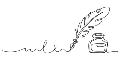 Continuous single line drawing of a feather quill pen and ink bottle © Graphics Art