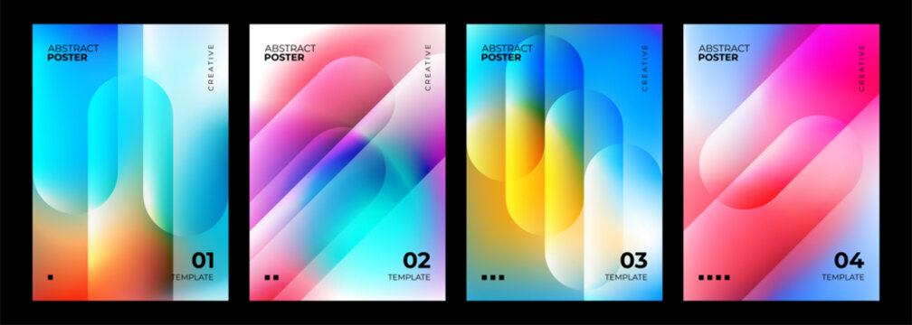 Set of Abstract Posters. Bright gradient dynamic geometric shapes on blurred color background. Creative graphic designs. Vector illustration.