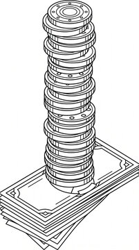 Minimal line vector illustration of stacked coins on documents symbolizing savings, financial growth, and investment accumulation. Clean white background design suitable for banking, accounting, wealt