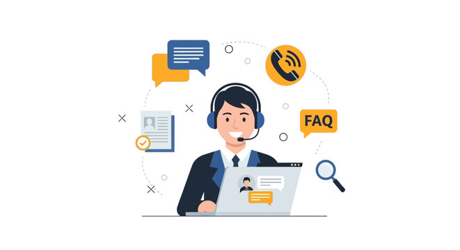 Customer service representative with headset and laptop providing support.