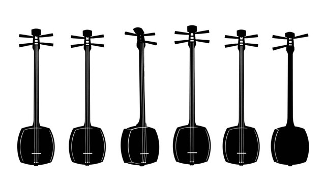 Traditional Japanese Shamisen Musical Instruments Silhouette Collection