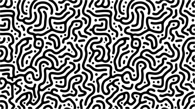 Abstract curved lines and dots background seamless pattern organic maze design random doodle illustration.