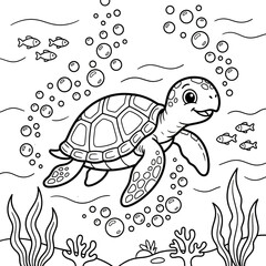 Smiling sea turtle swimming underwater with fish and seaweed
