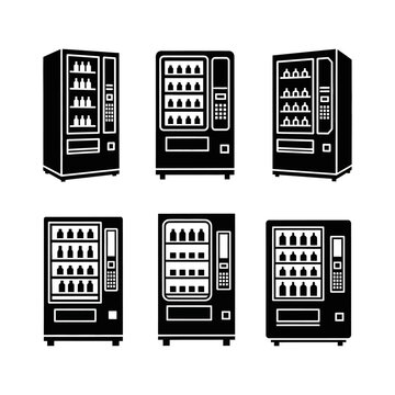 Vending Machine Icons: Collection of Six Black Silhouettes on White Background