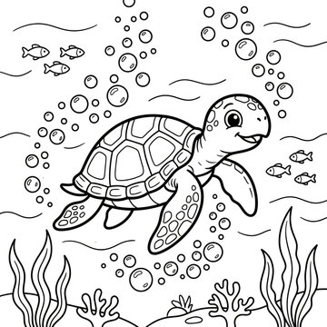 Smiling sea turtle swimming underwater with fish and seaweed