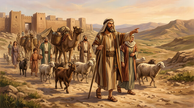 Abraham leading his family and caravan towards the promised land, biblical scene