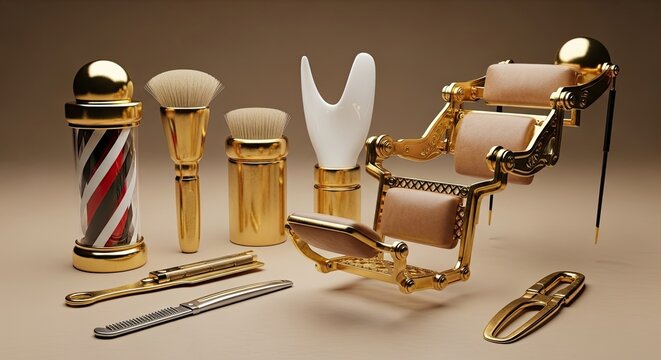 Luxury golden barbershop tools and professional grooming kit on beige. Classic barber pole, shaving equipment, and chair for vintage elegance.