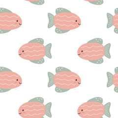 Seamless pattern of pink fish with green fins swimming on a white background suitable for textile prints and wallpaper © Jennie