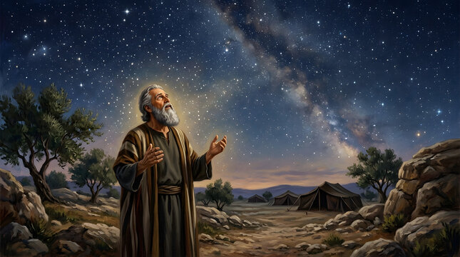 Biblical patriarch looking up at milky way galaxy in starry night sky over desert camp with tents