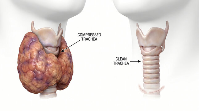 Goiter Thyroid Enlargement vs Normal Trachea Airway Compression