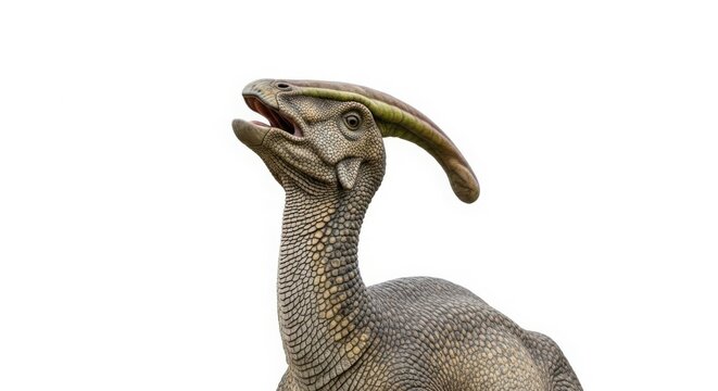 Detailed model of a Parasaurolophus dinosaur with its mouth open, isolated against a white background