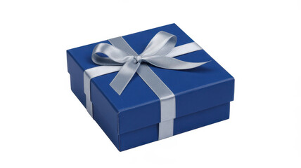 Obraz premium Square blue gift box tied with a shiny silver ribbon bow isolated on a white background