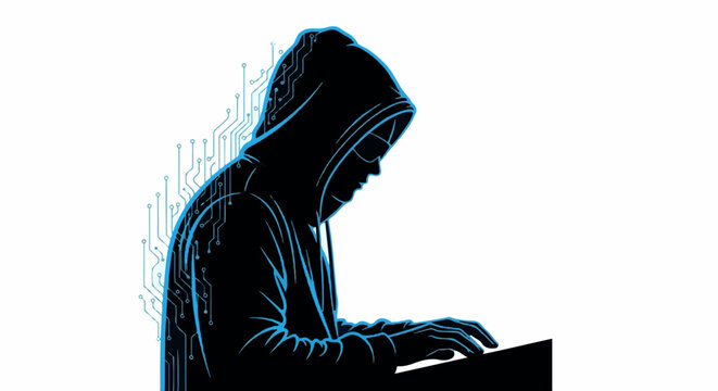 Silhouette of a hooded figure, fingers typing, digital circuit lines ascend