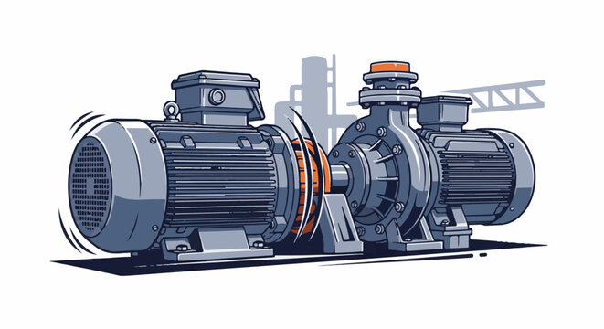 Two industrial pumps with spinning components and faint industrial background