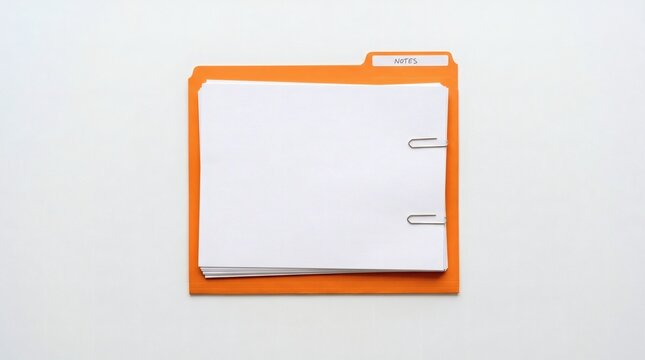 Orange File Folder with Blank White Paper on White Background.