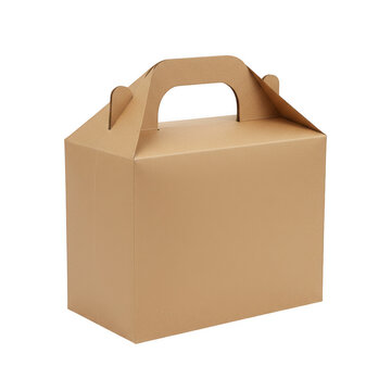 Brown cardboard gable box with handle isolated on a transparent background