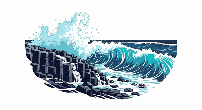 Pixelated ocean waves crash against dark, hexagonal rock formations by the sea