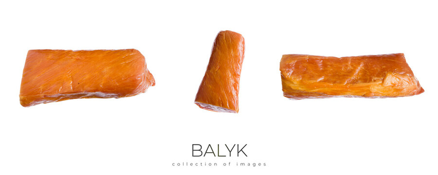 Smoked meat balyk on white background. Fresh delicious meat isolated on white background.