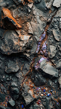 Dark Jagged Rock Texture with Iridescent Purple Gemstones and Orange Mineral Veins - Geological Background of a Cracked Mountain Cliff with Hidden Raw Minerals - Vertical Perspective View