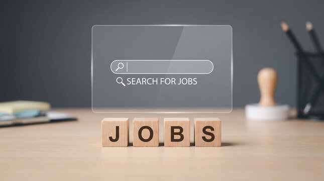Recruitment concept with job blocks, laptop job board, and virtual search bar for careers and hiring