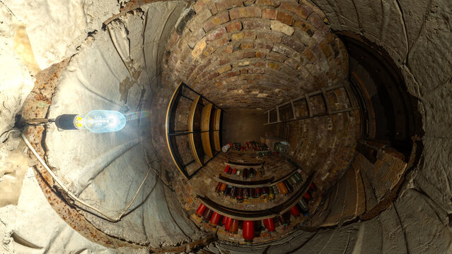 Dark Cellar Interior with Preserved Food Jars and Light Bulb, hyperbolic projection