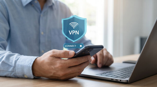 VPN security concept with user holding smartphone and laptop, shield icon, secure connection, and online privacy protection