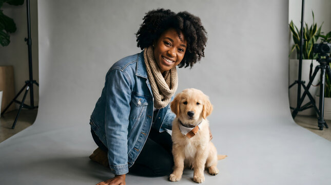 Young Beautiful Afro Woman Posing With Ger Cute Dog In Studio
