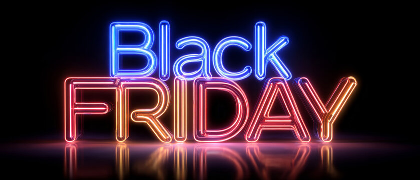 Neon letters spelling Black Friday stand out in a dark environment. The bright colors shine against a mirrored surface, creating a striking visual effect